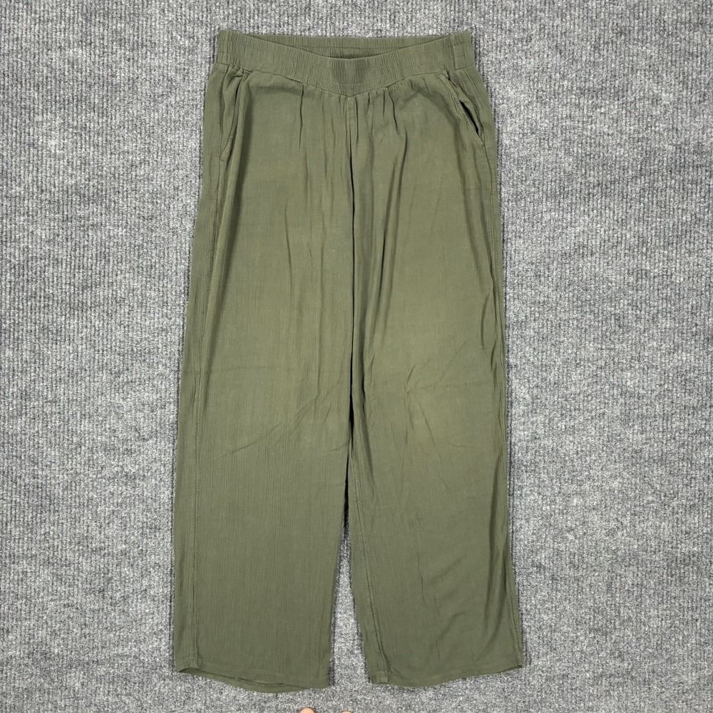 Three‎ Dots Womens Olive Green Wide Leg Pull On Pants Large Elastic Waist Casual